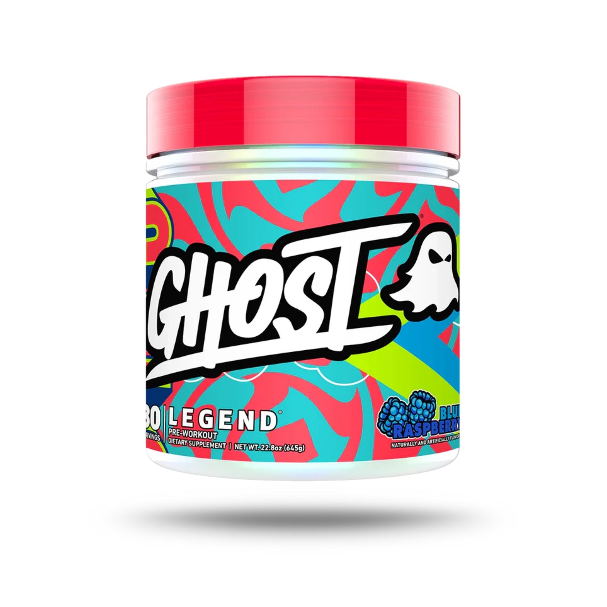 Colorful supplement container with 'Ghost' branding on a white background