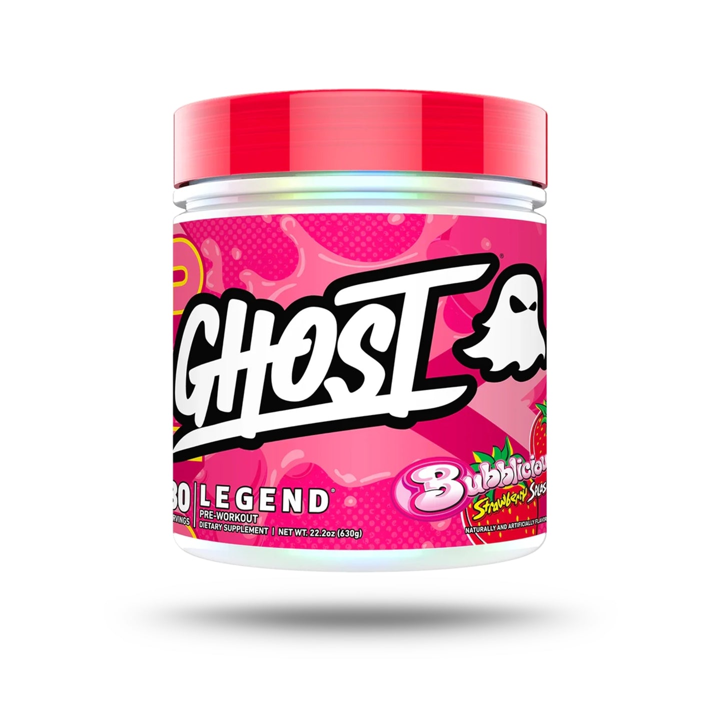 Pink and red supplement container with 'Ghost' branding on a white background