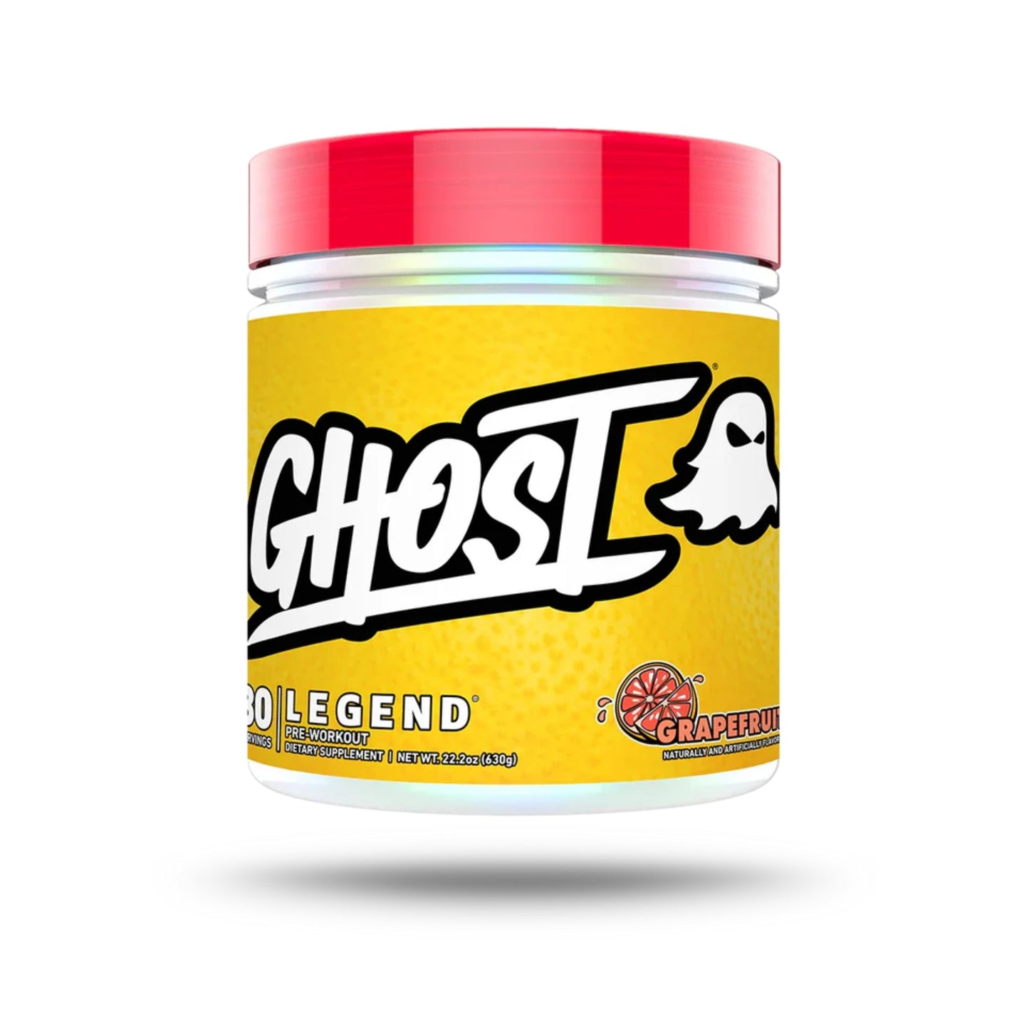 Ghost supplement jar with red lid on a white background
