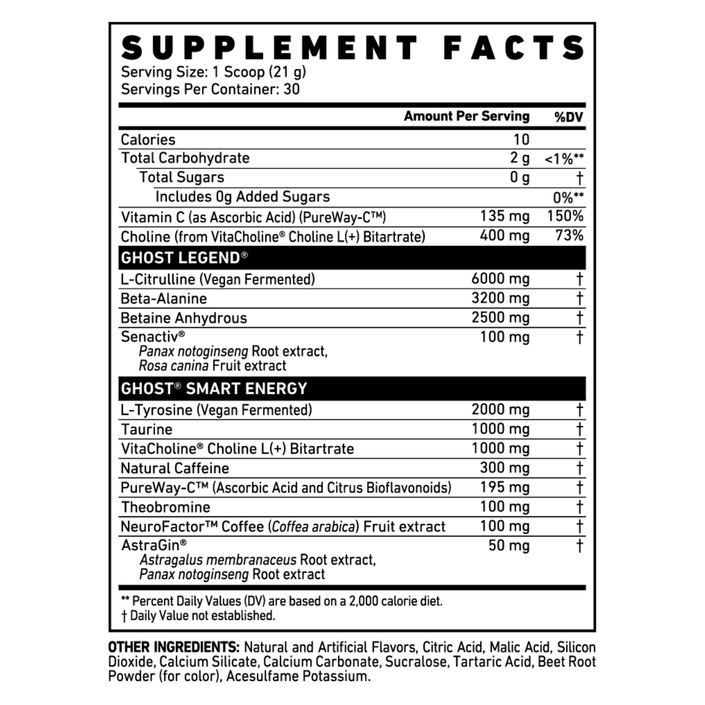 Supplement facts label for a product with various ingredients and their amounts per serving.