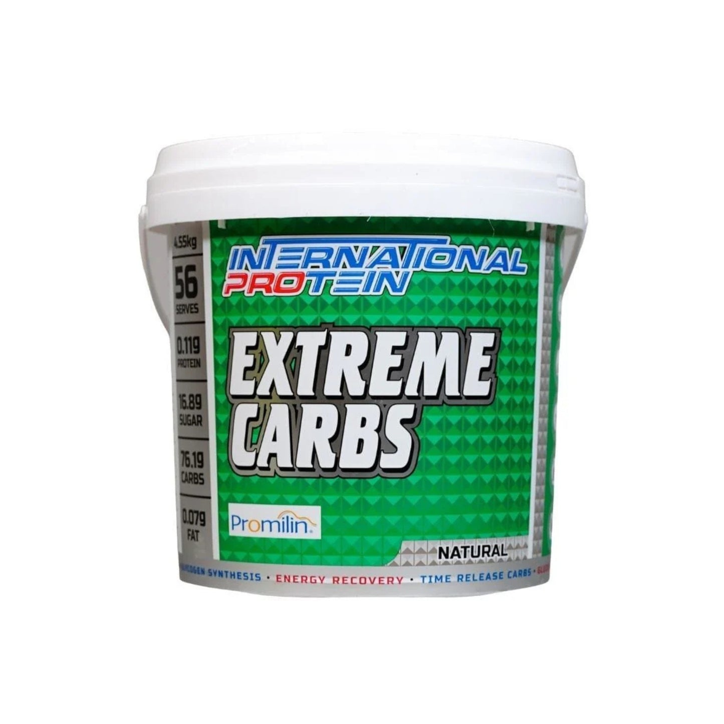 Container of International Protein Extreme Carbs on a white background
