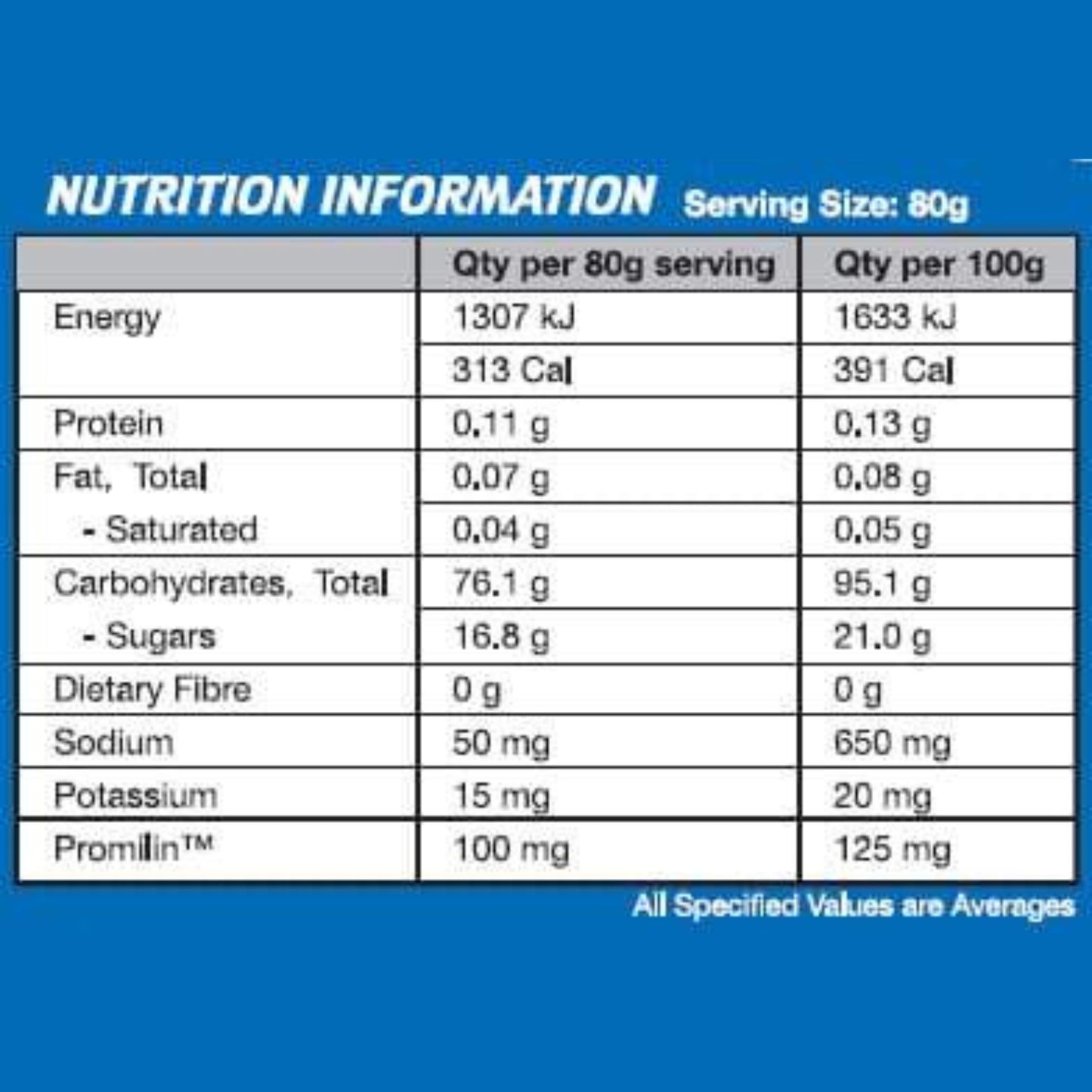 Nutrition information label for a food product with serving size and nutritional values.