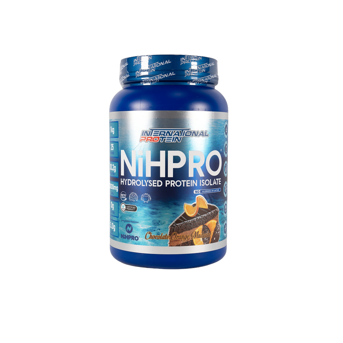 Blue protein supplement container with 'International Protein' branding on a white background