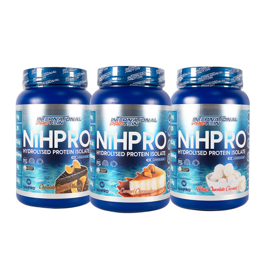 Three bottles of International Protein NIHPRO protein isolate on a white background