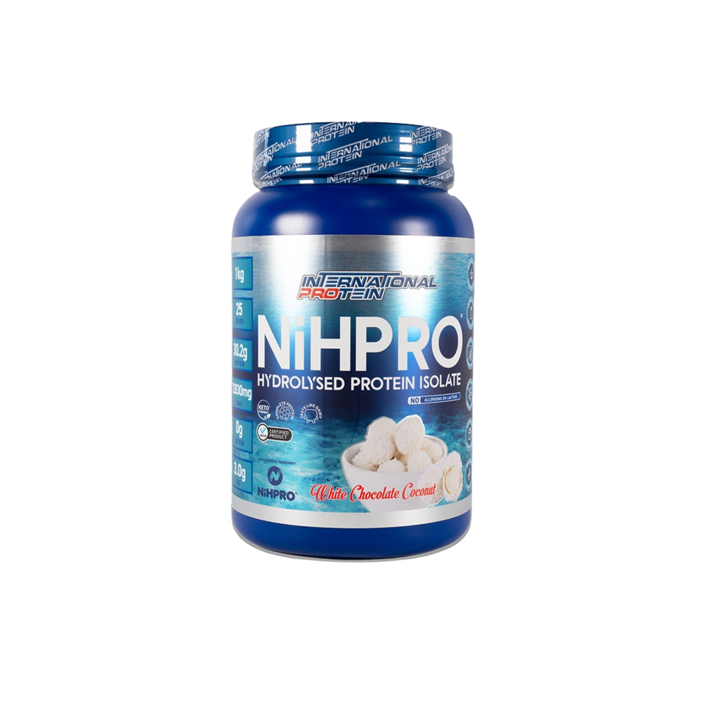 Container of International Protein NIHPRO Hydrolysed Protein Isolate on a white background