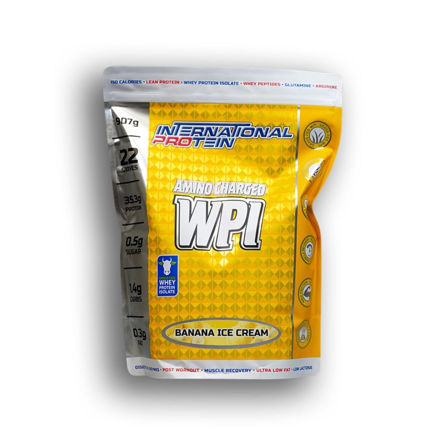 Yellow package of International Protein WPI powder with banana ice cream flavor on a white background