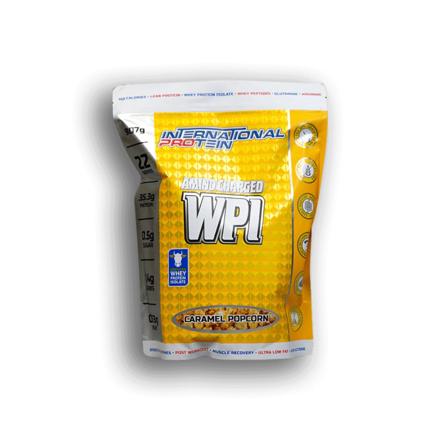 Yellow protein powder bag with International Protein branding on a white background