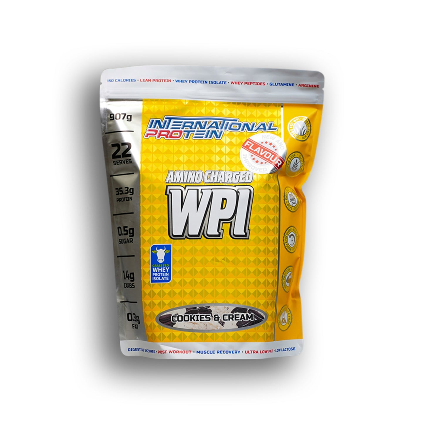 International Protein WPI powder package with yellow and white design on a white background