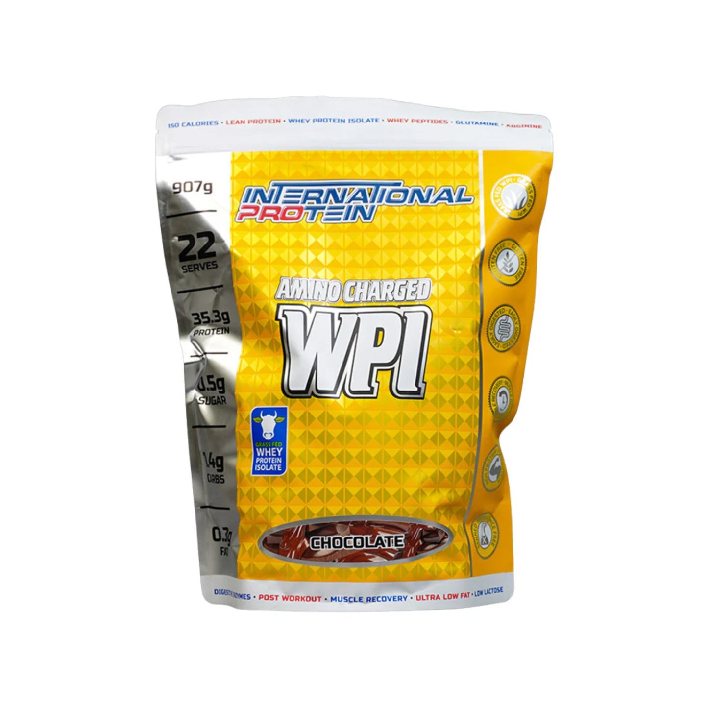 International Protein WPI powder package with yellow and white design