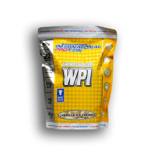 International Protein WPI powder package with yellow and white design on a white background