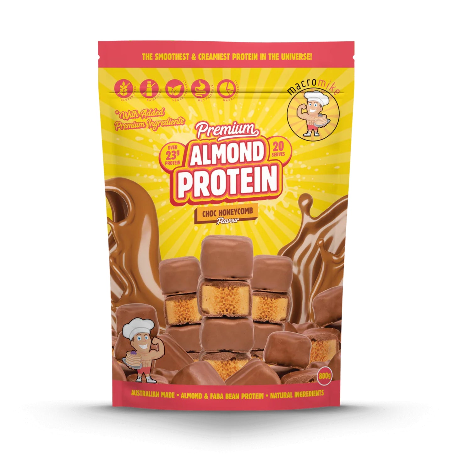 Package of Premium Almond Protein with chocolate and honeycomb design on a white background