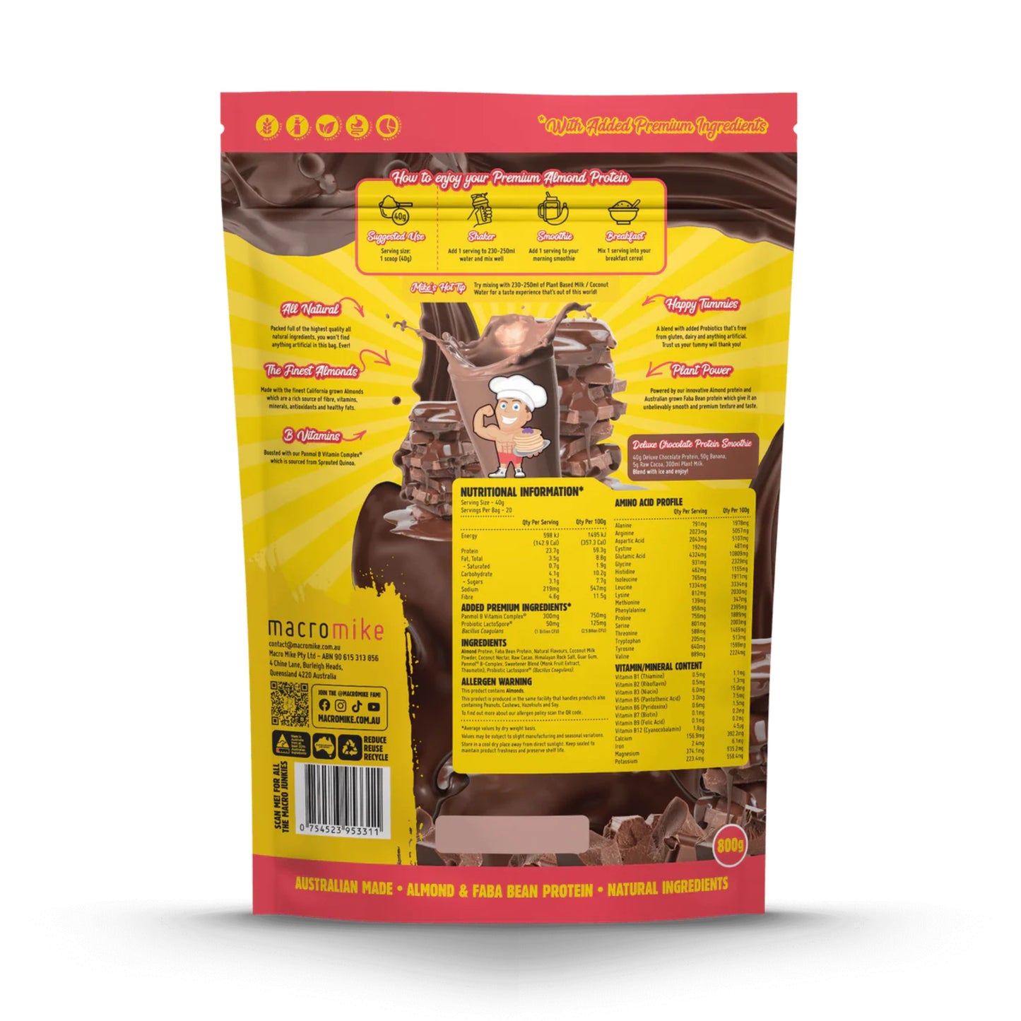 Back view of a protein powder package with nutritional information and branding details.