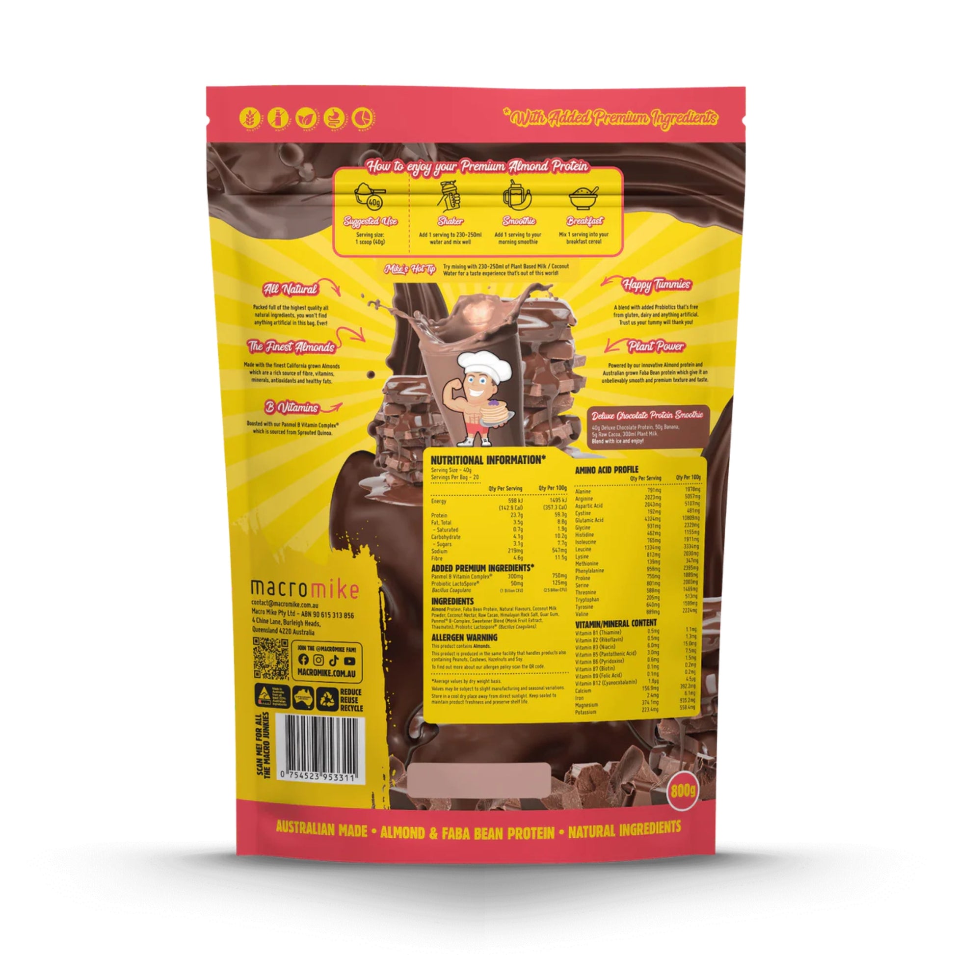 Back view of a protein powder package with nutritional information and branding details.