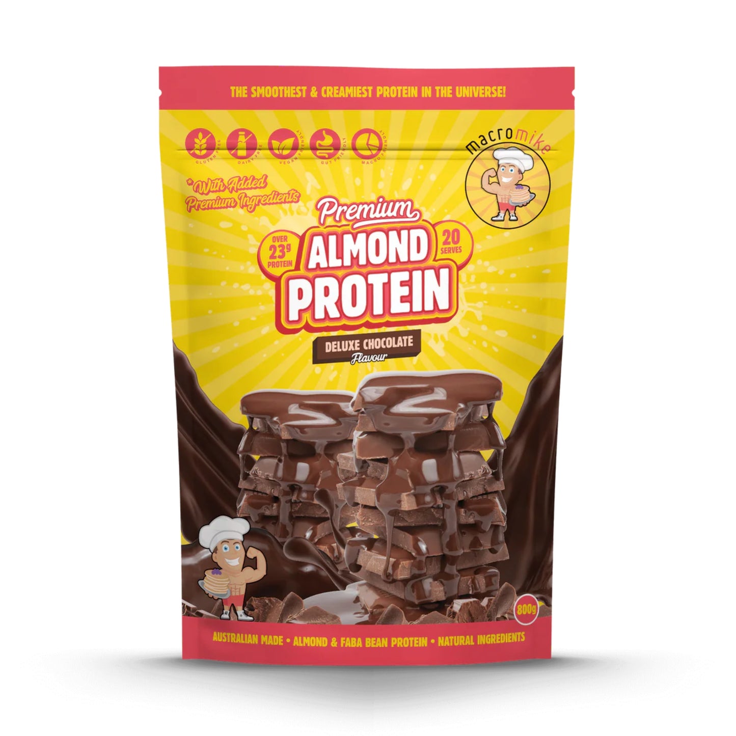 Package of almond protein with chocolate flavor on a white background
