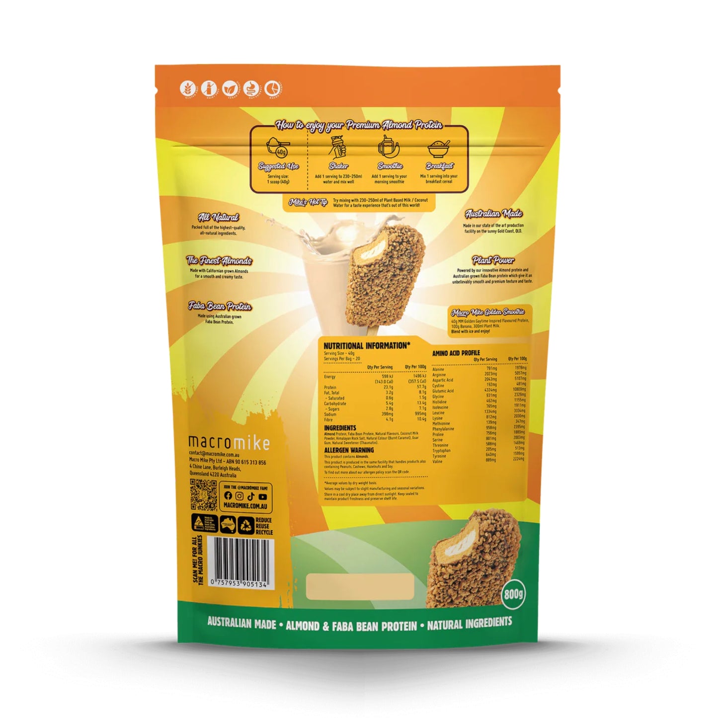Protein powder package with nutritional information and branding on a white background