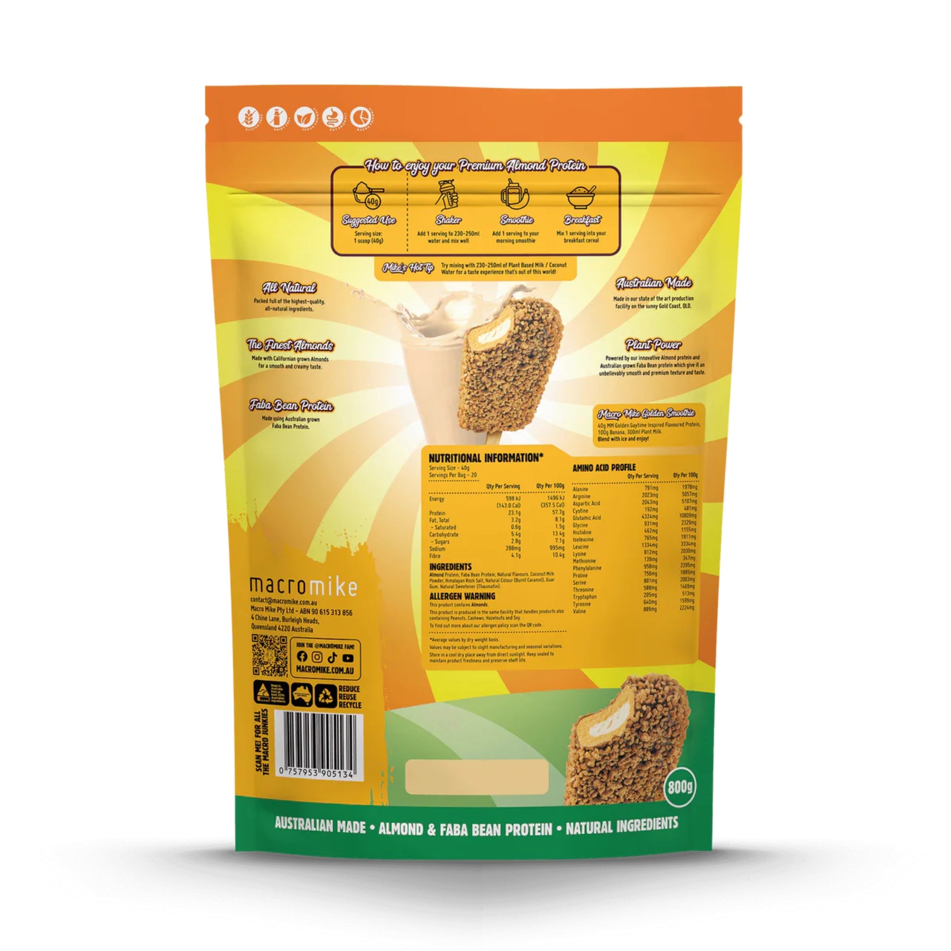 Protein powder package with nutritional information and branding on a white background
