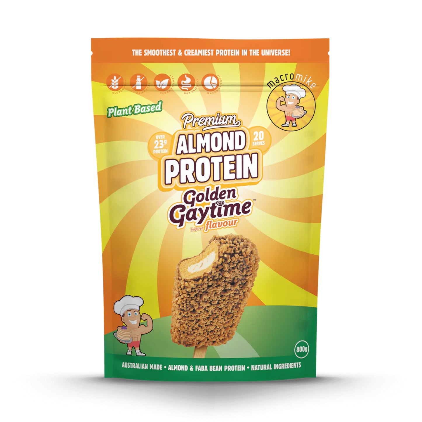 Almond protein package with a cartoon character on a white background