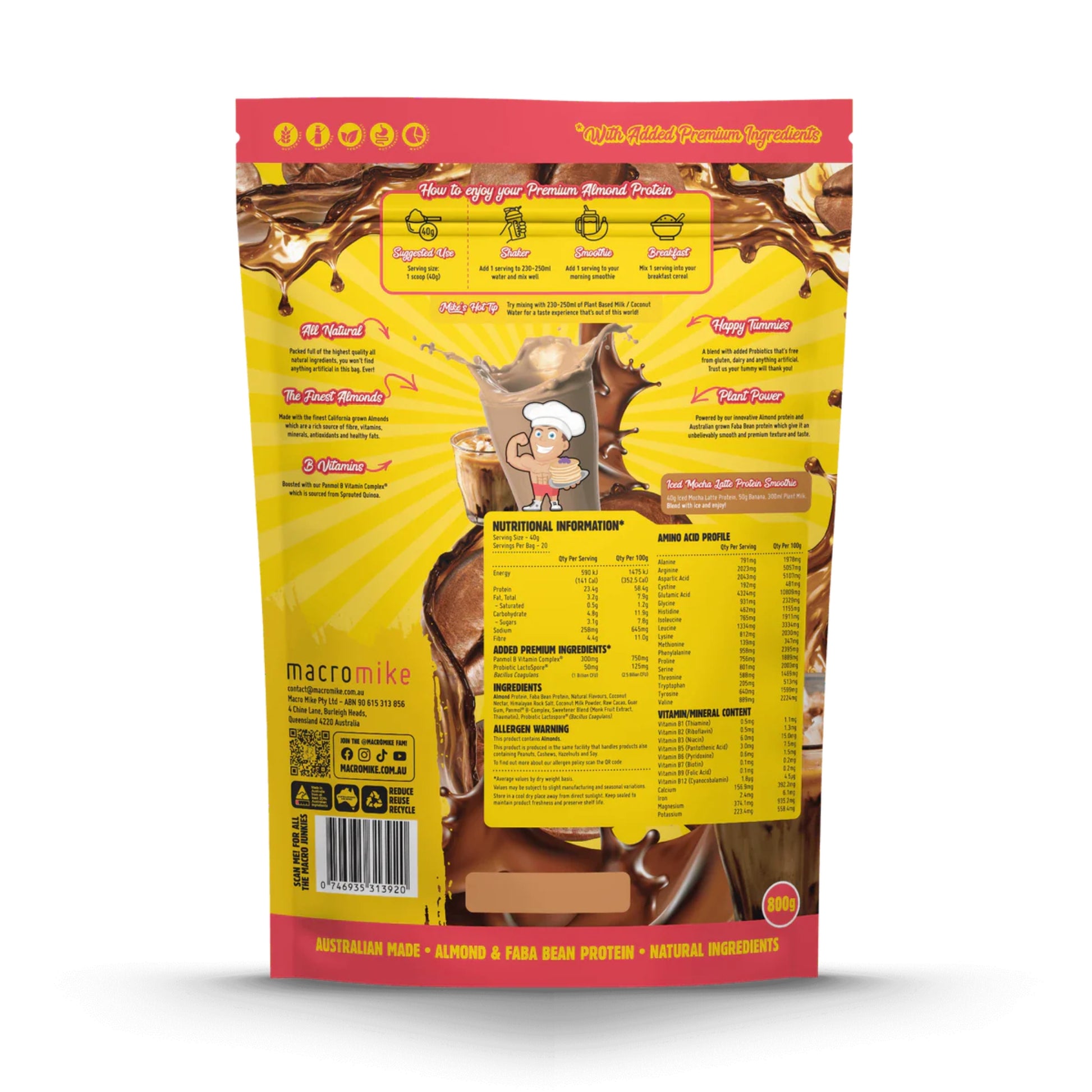 Protein powder package with a yellow label on a white background