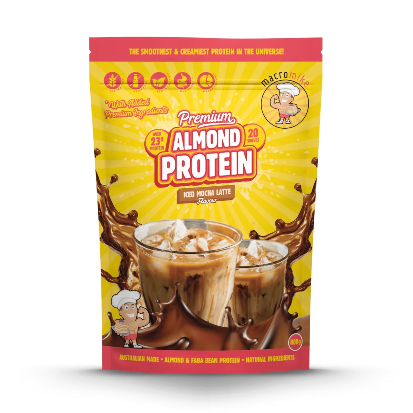 Package of Premium Almond Protein with a mocha latte design on a yellow background