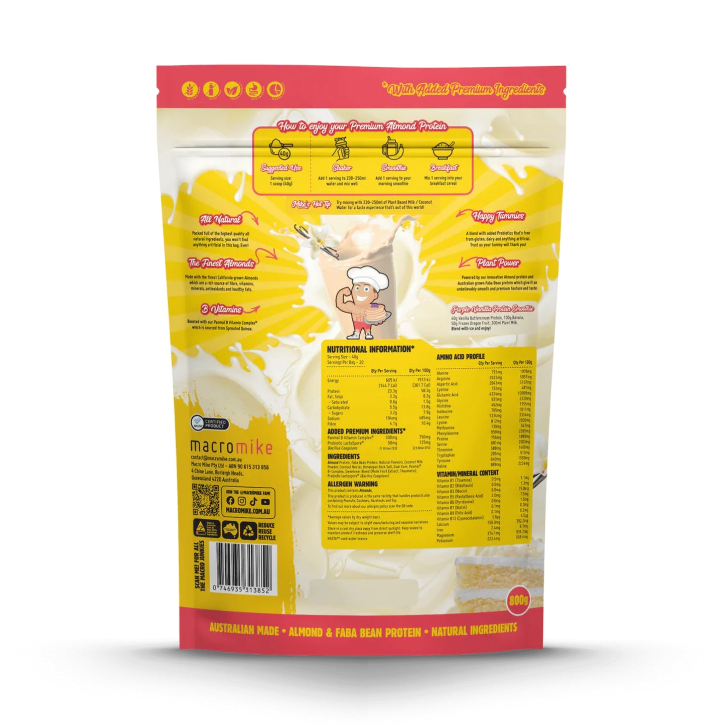 Yellow protein powder package with red top and bottom on a white background