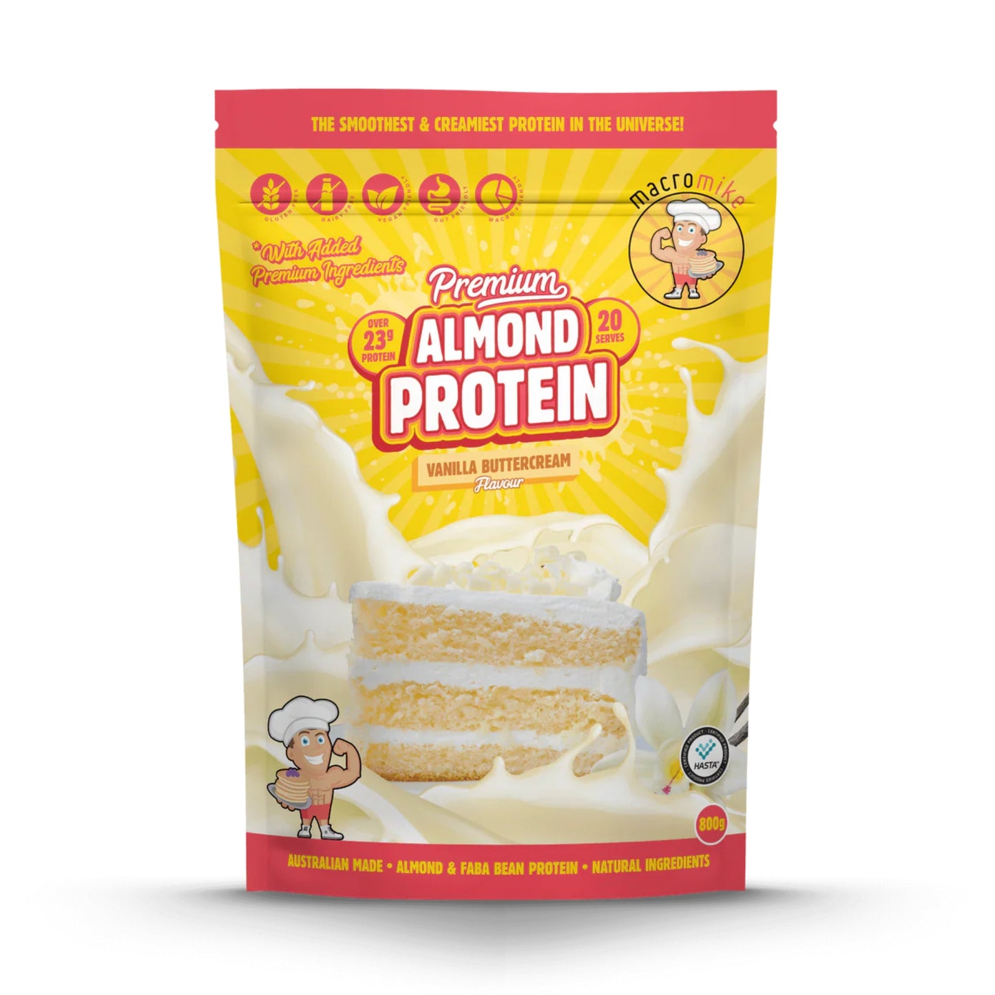 Package of premium almond protein powder with vanilla buttercream flavor on a white background