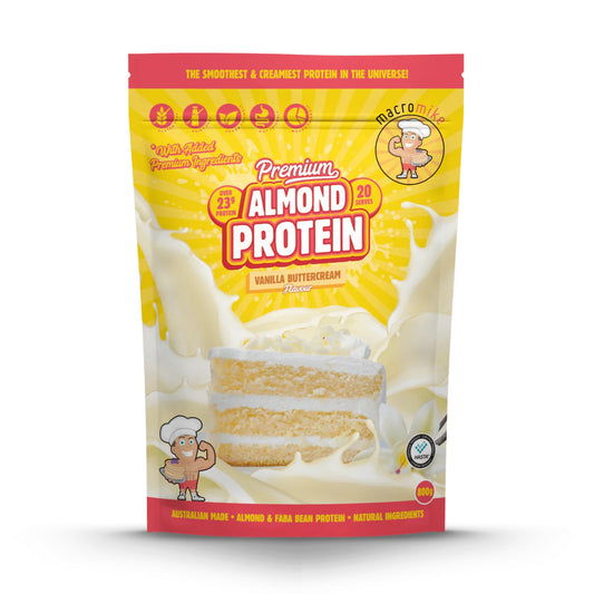 Package of premium almond protein powder with vanilla buttercream flavor on a white background