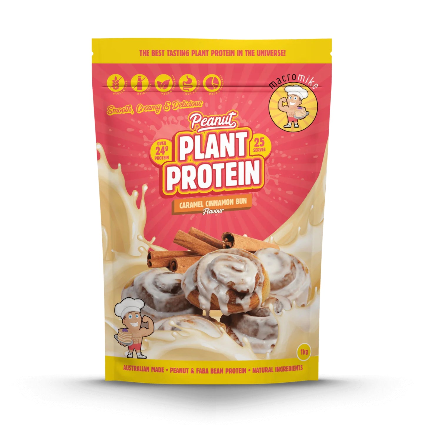 Pouch of peanut plant protein with caramel cinnamon bun flavor on a white background