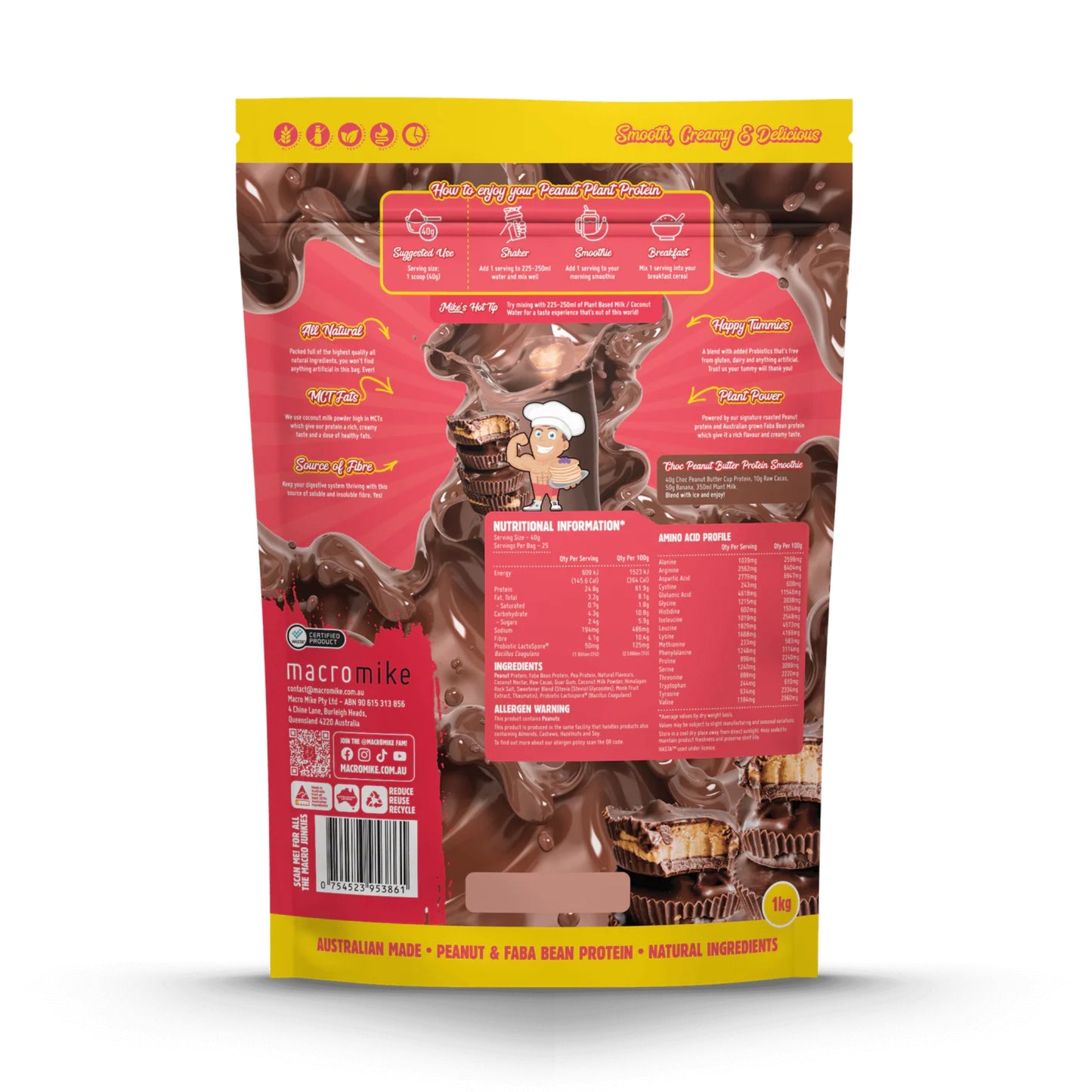 Chocolate protein bar packaging with nutritional information on a white background