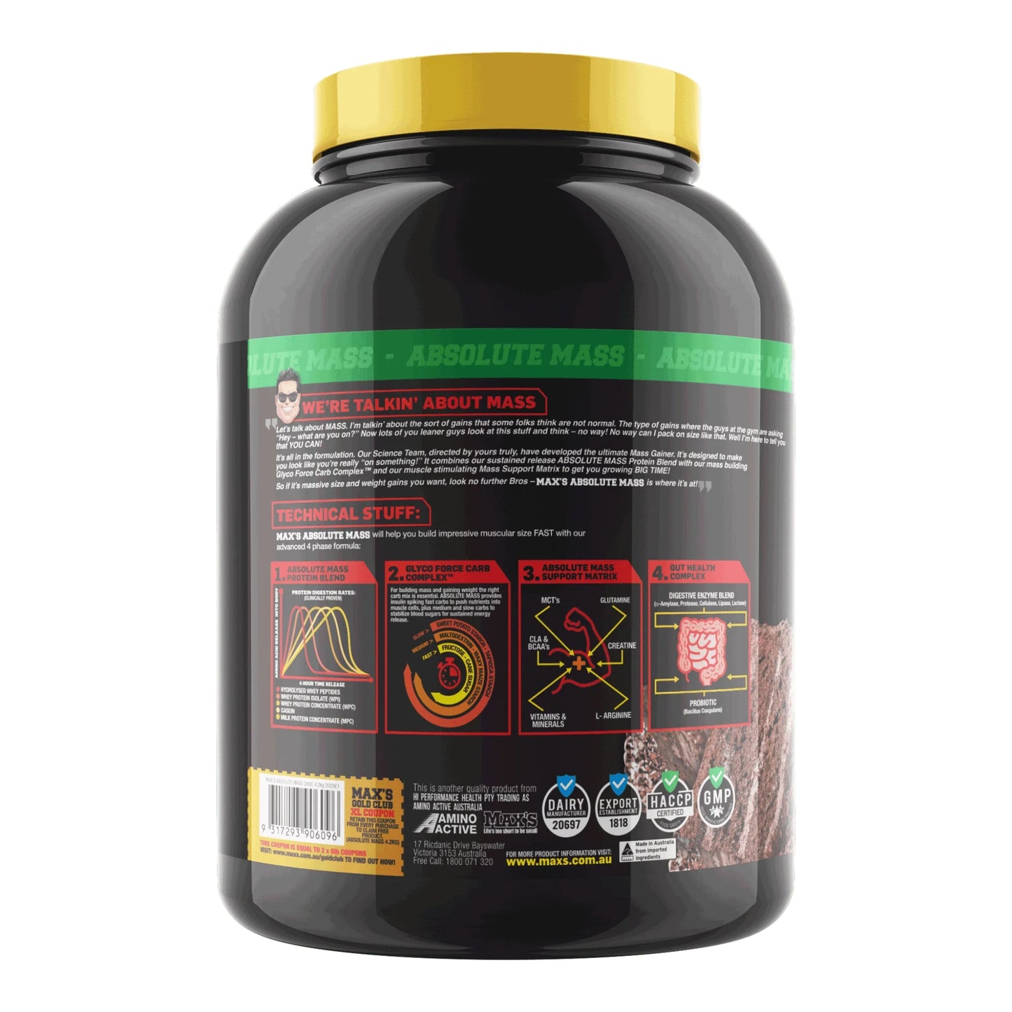 Black supplement container with yellow lid and detailed label on a white background