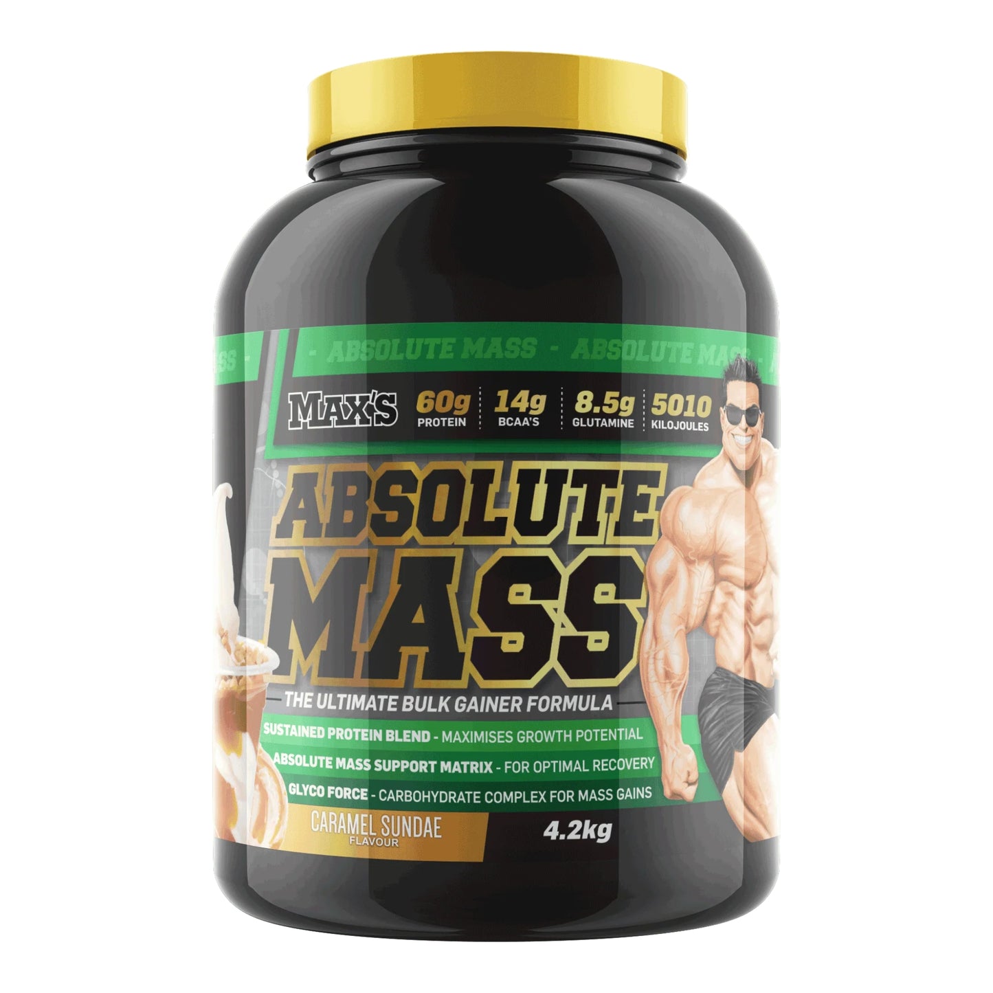 Black supplement container labeled 'Absolute Mass' with a yellow cap on a white background