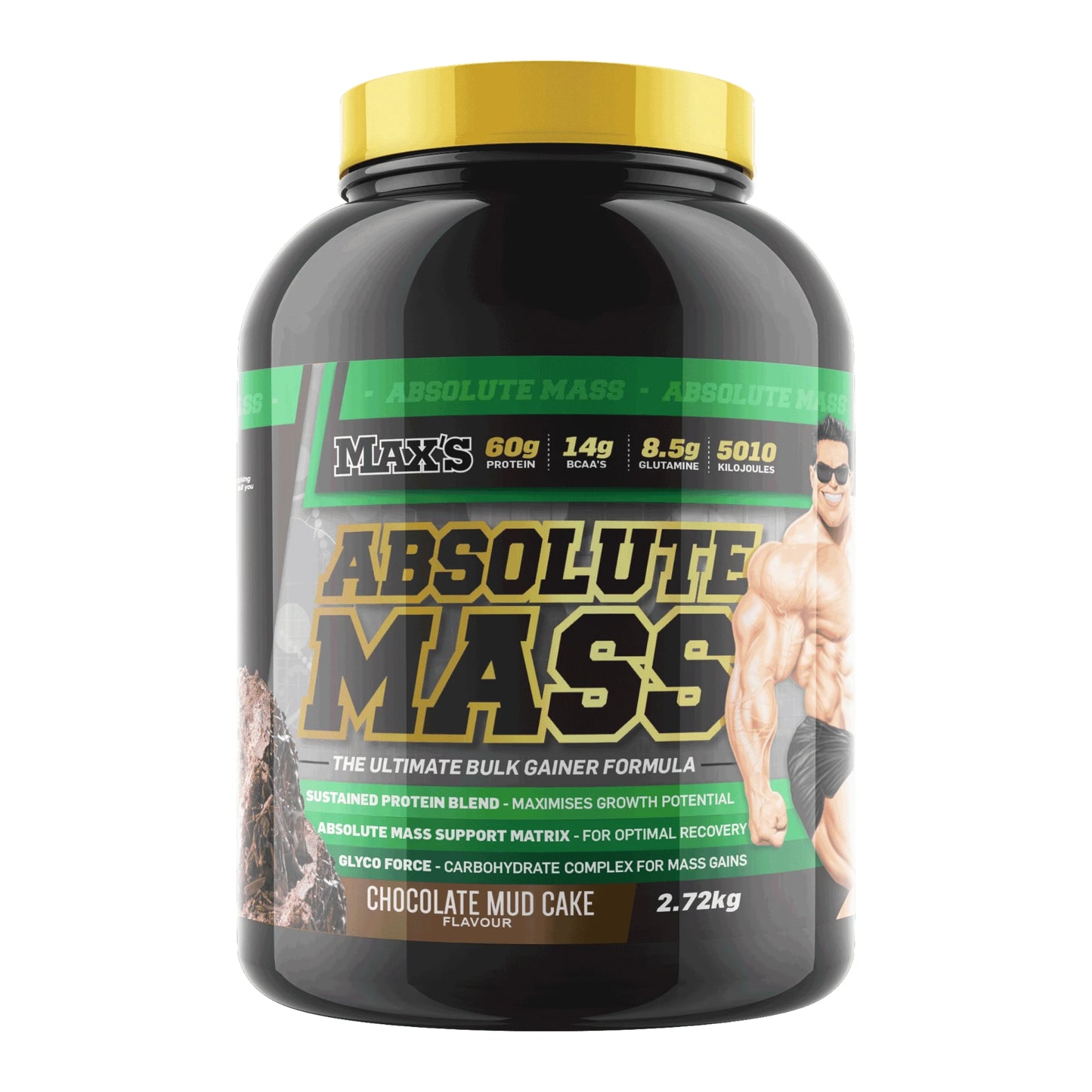 Max's Absolute Mass supplement container with a white background