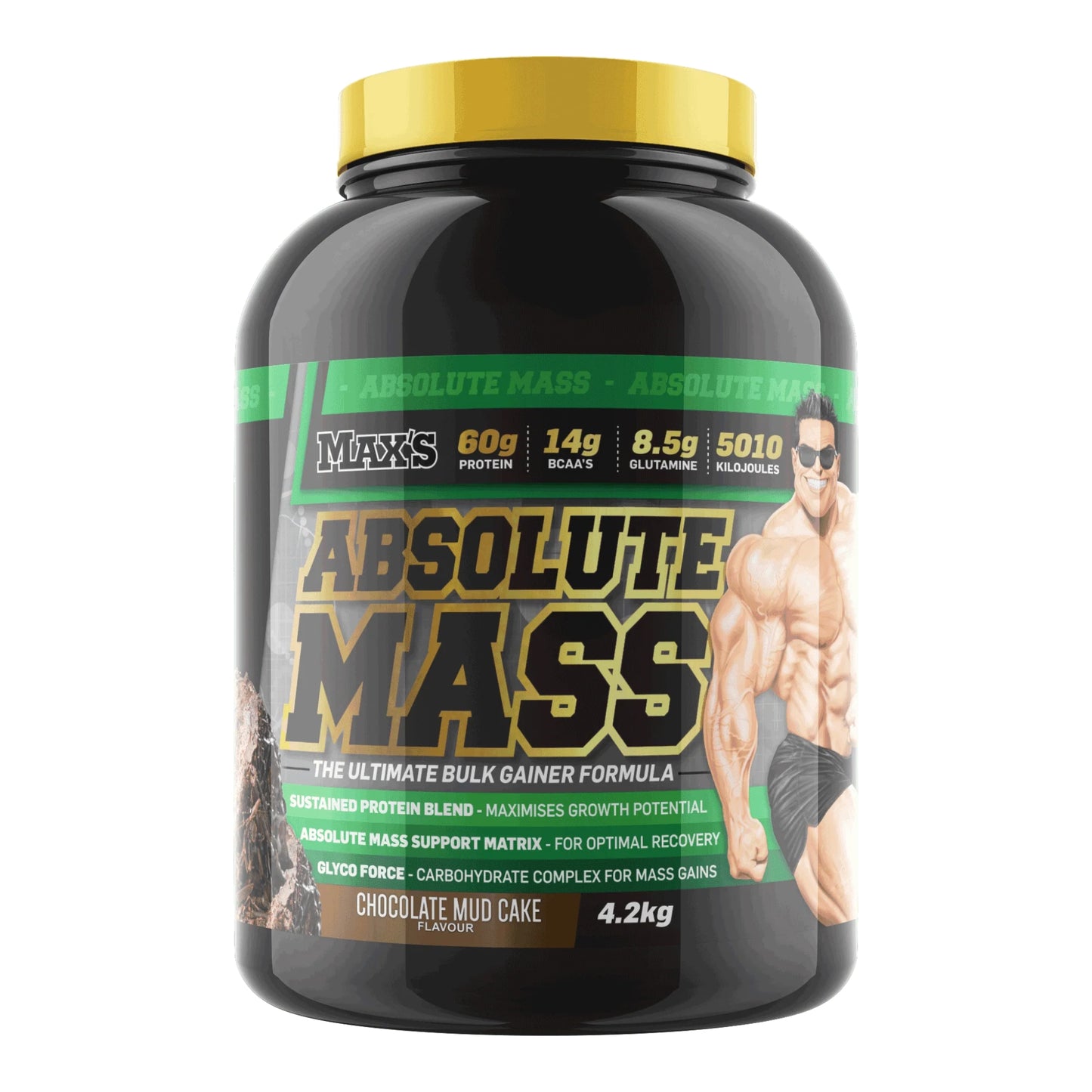 Black supplement container labeled 'Absolute Mass' with a yellow cap on a white background