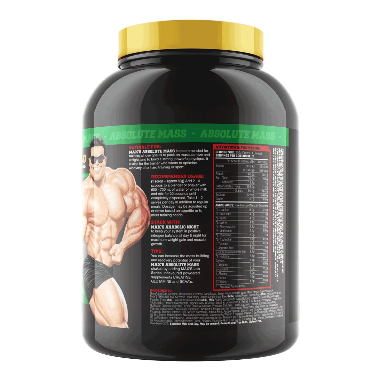 Black supplement container with yellow lid featuring a muscular figure on the label.