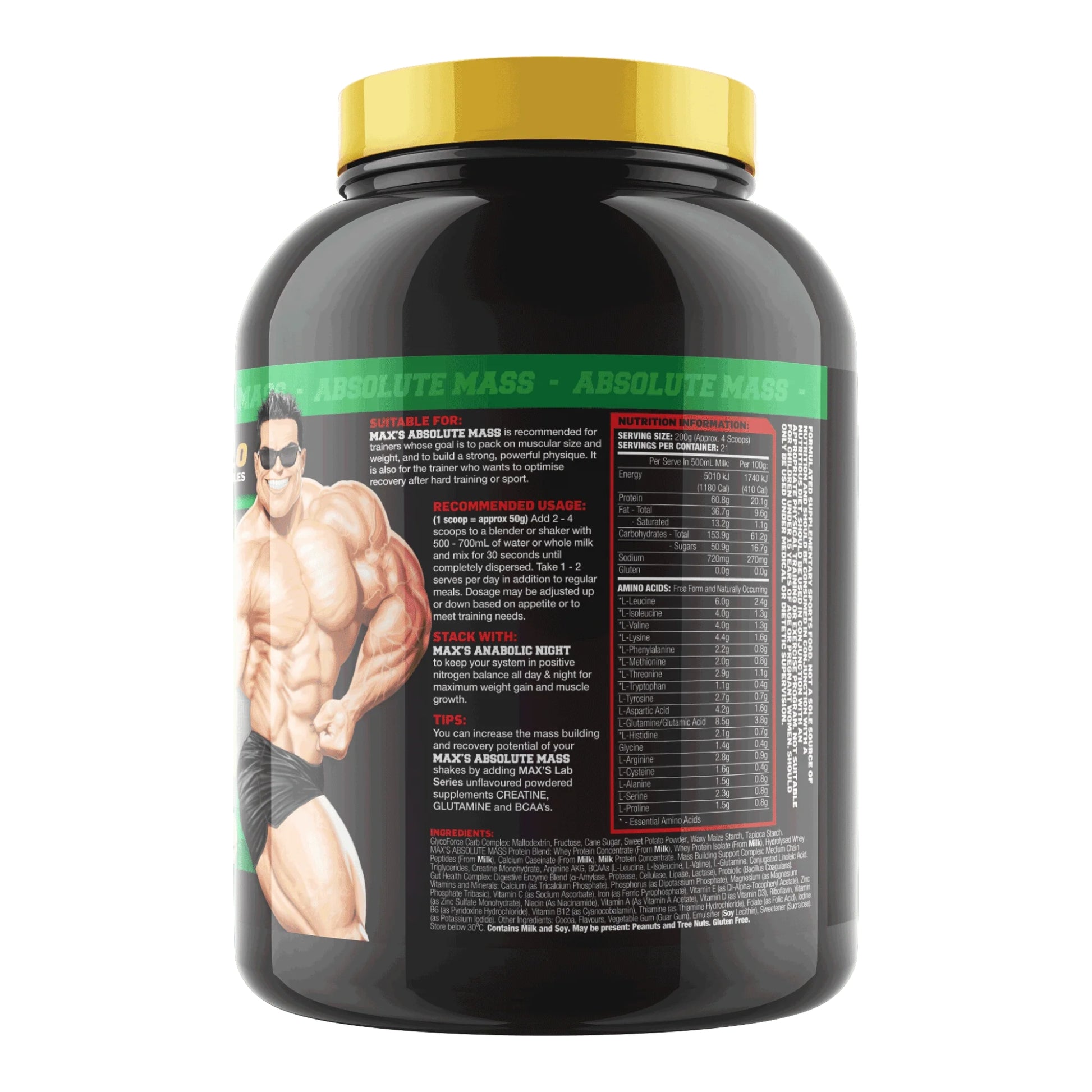Black supplement container with yellow lid featuring a muscular figure on the label.