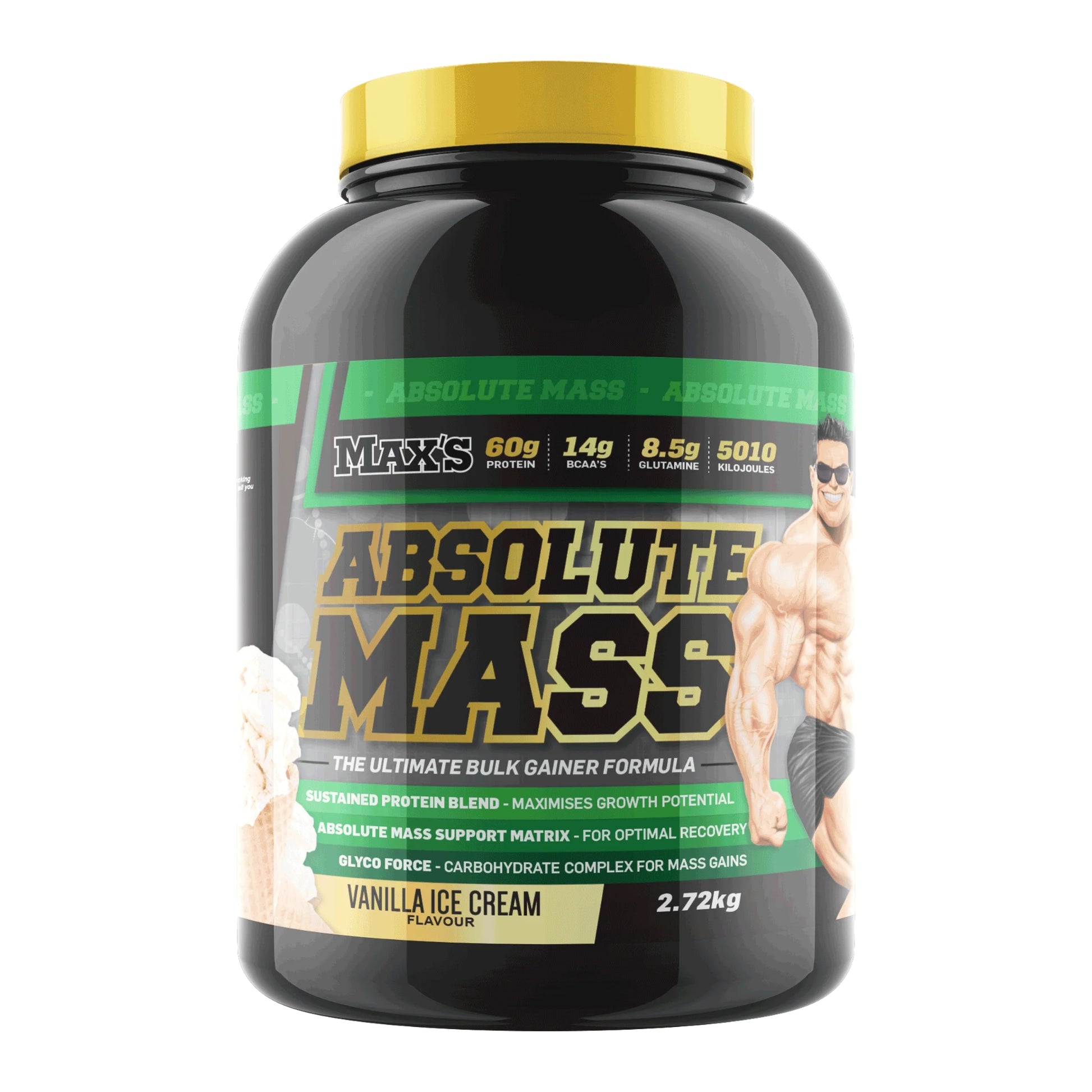 Max's Absolute Mass supplement container with a white background