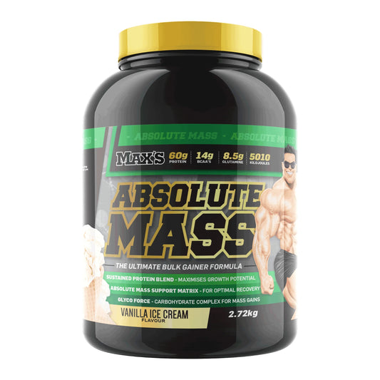 Max's Absolute Mass supplement container with a white background