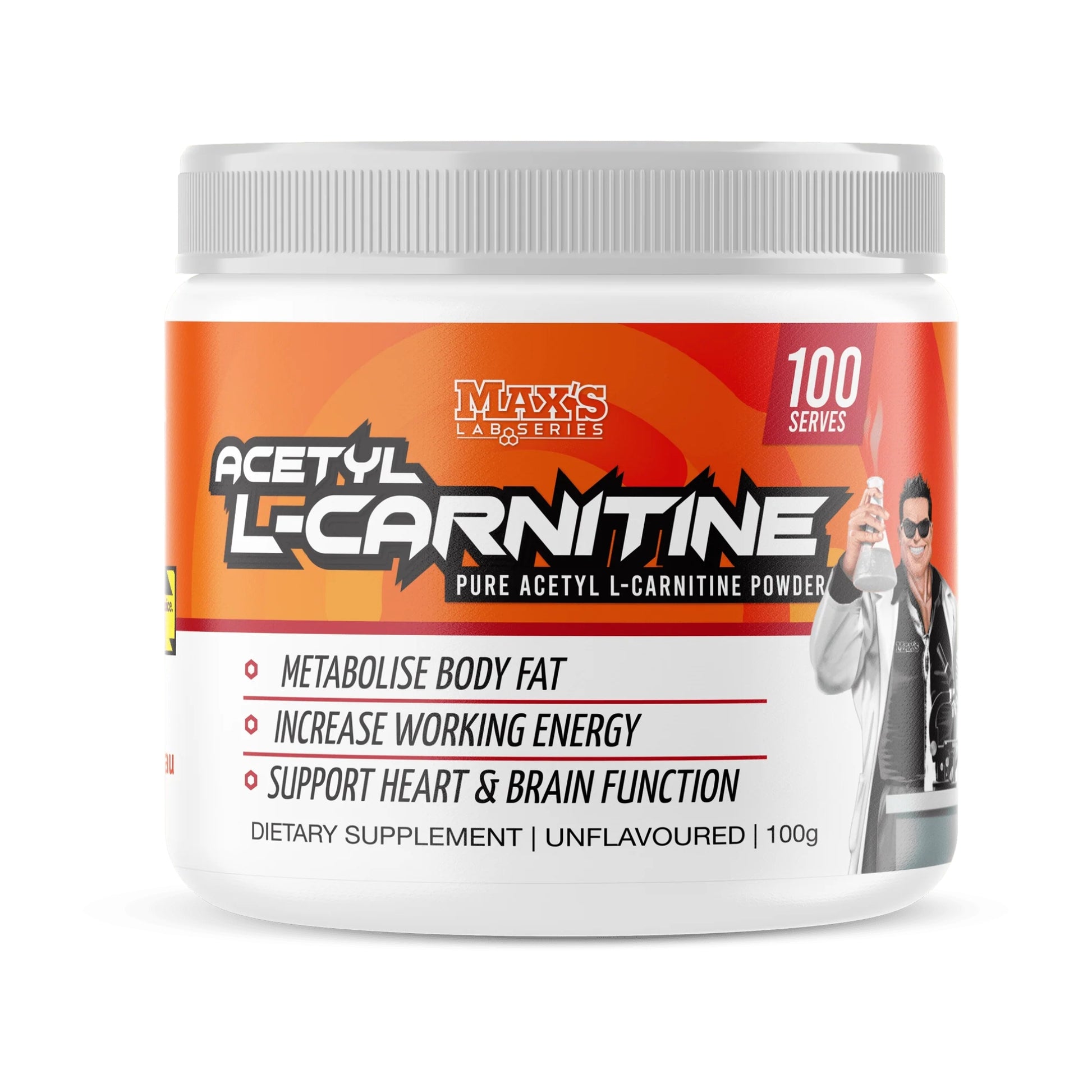 Max's Lab Series Acetyl L-Carnitine supplement container on a white background