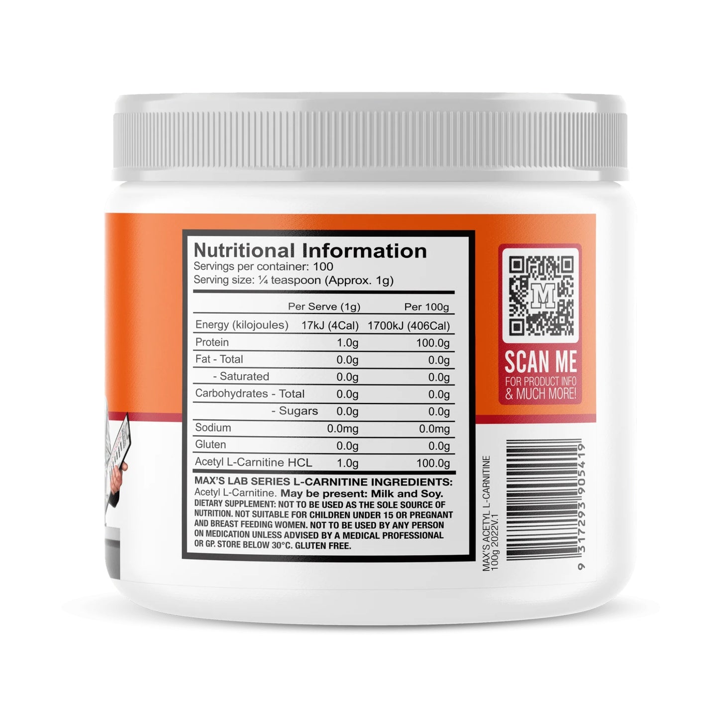 Nutritional information label on a supplement container with an orange label.