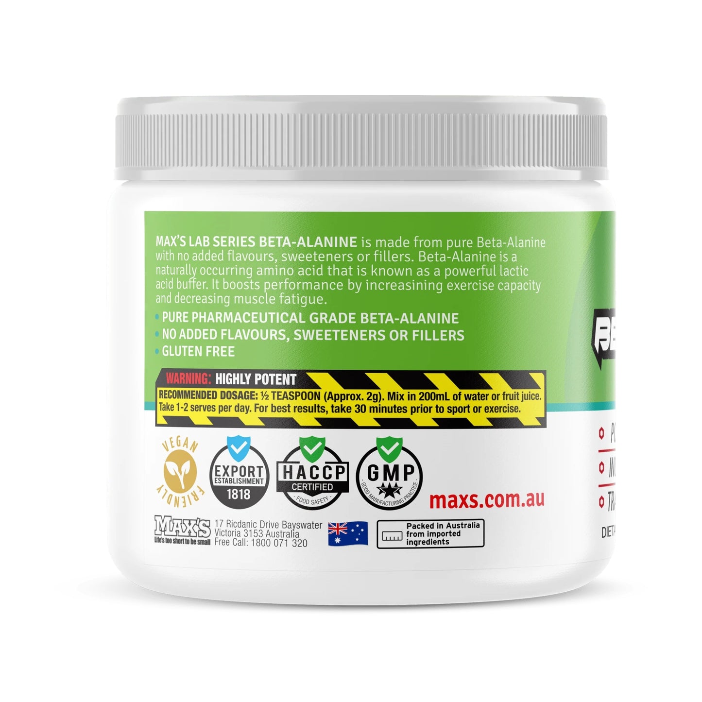 Container of Max's Lab Series Beta-Alanine with label and branding details.