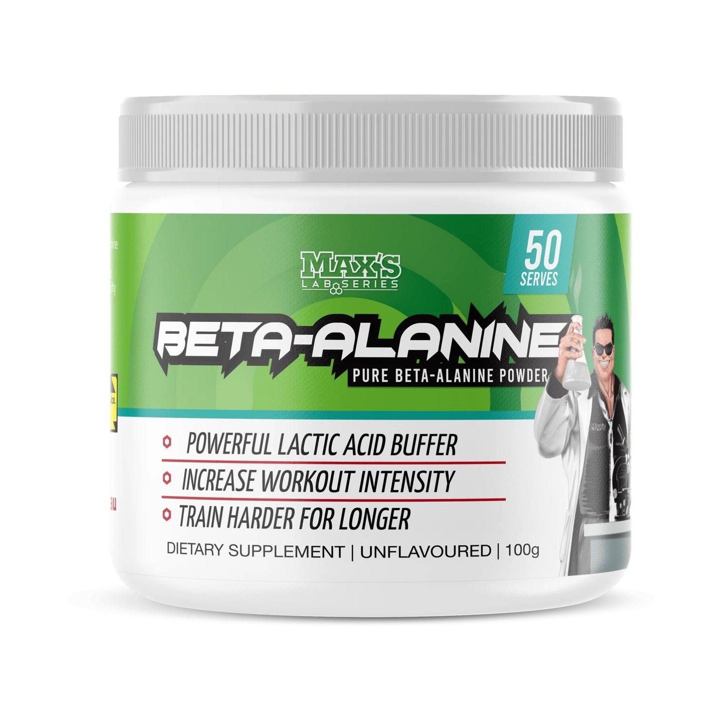 Container of Maks' Lab Series Beta-Alanine powder on a white background