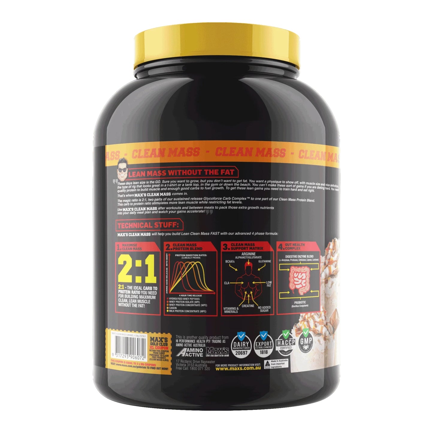 Black supplement container with yellow lid and detailed label on a white background