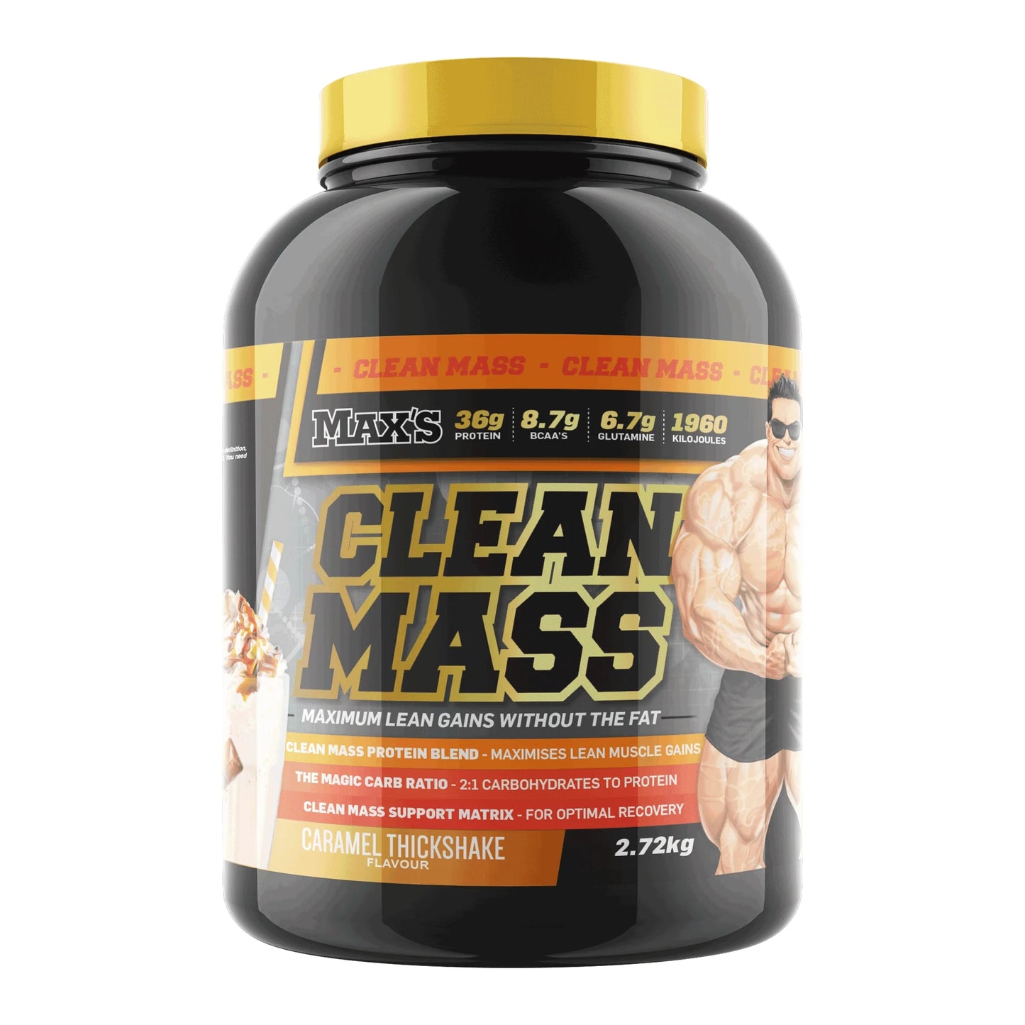 Max's Clean Mass supplement container with a white background