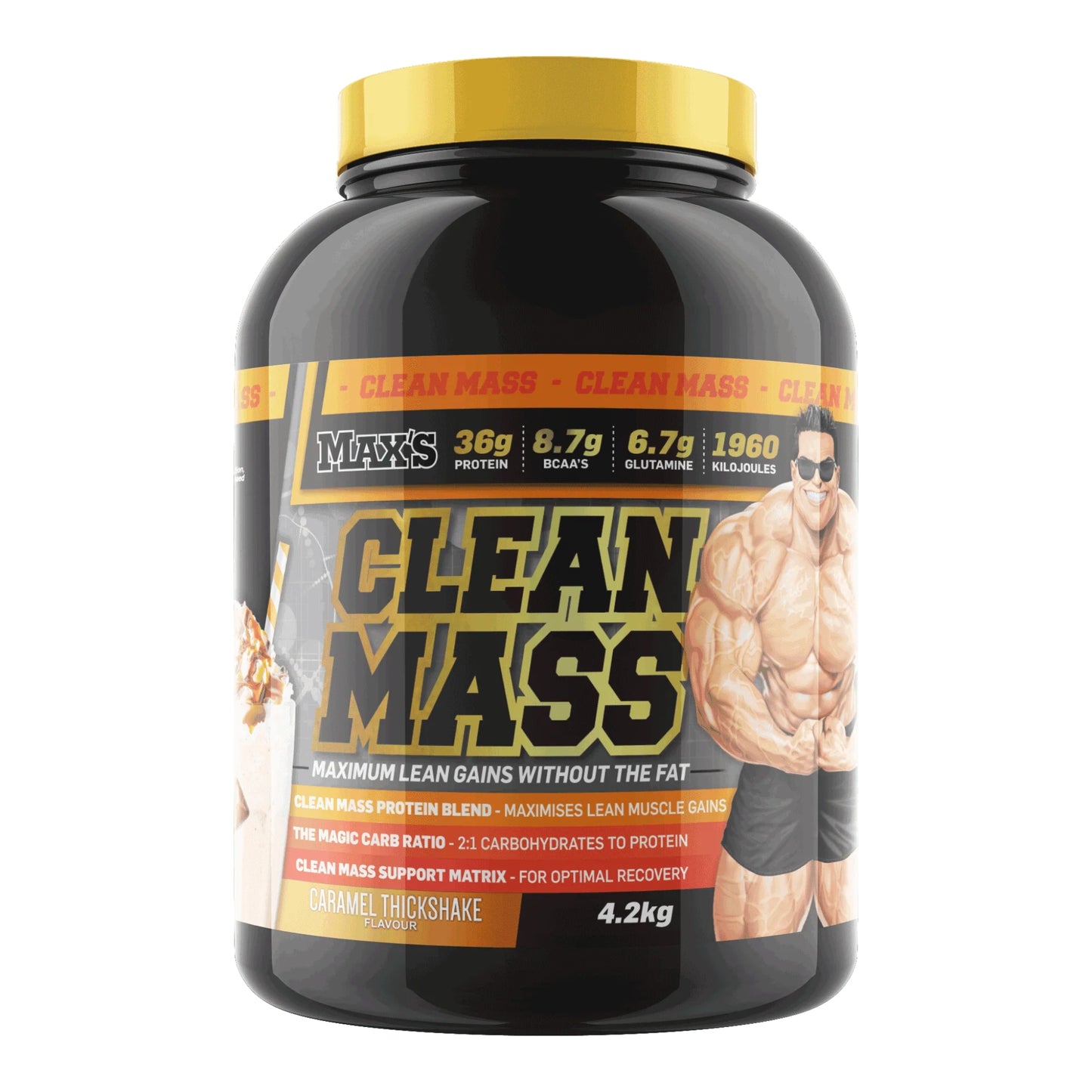 Supplement container labeled 'Clean Mass' with a muscular figure on the label.