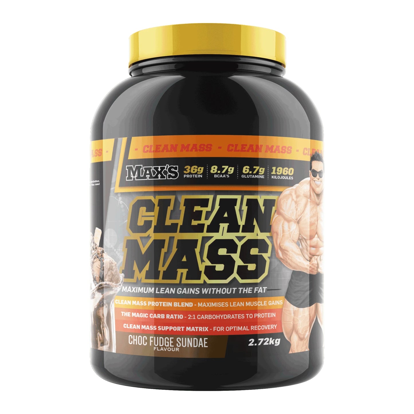 Max's Clean Mass supplement container with a white background