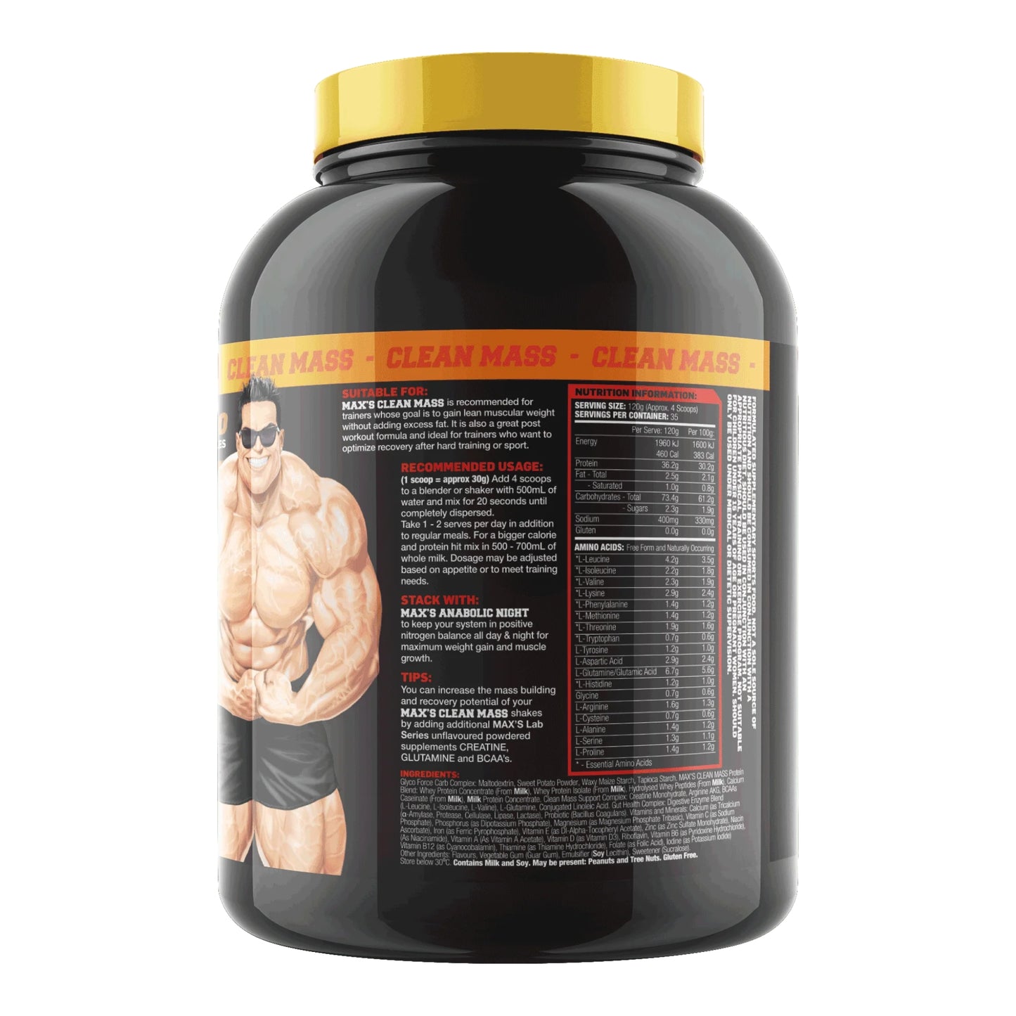 Black supplement container with yellow lid featuring a muscular figure and nutritional information on a white background.