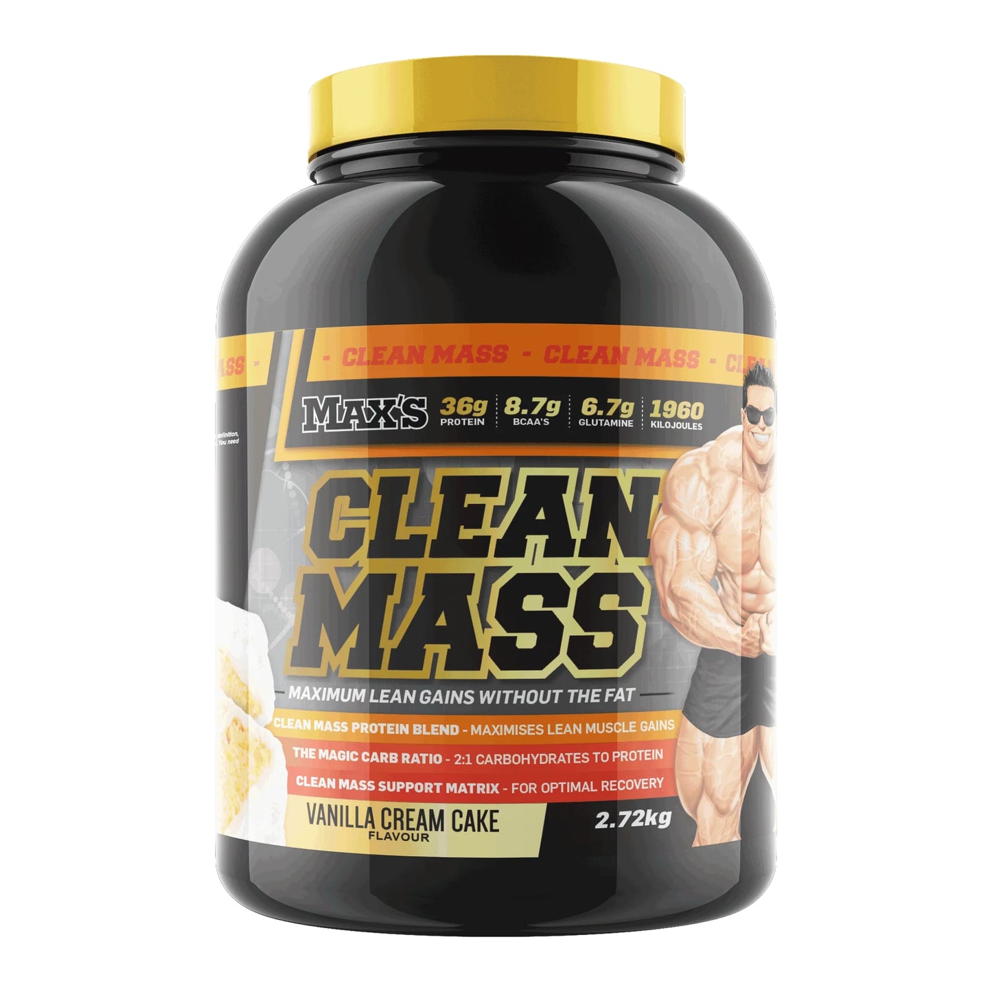 Max's Clean Mass supplement container with a muscular figure on the label
