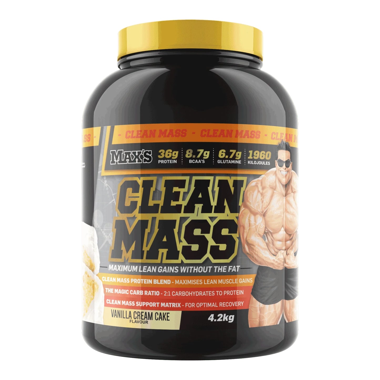 Supplement container labeled 'Clean Mass' with a muscular figure on the label.