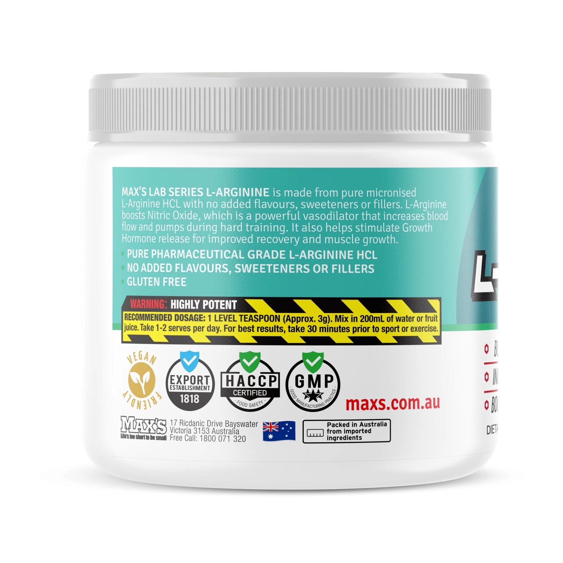 Max's L-arginine Container with label on a white background