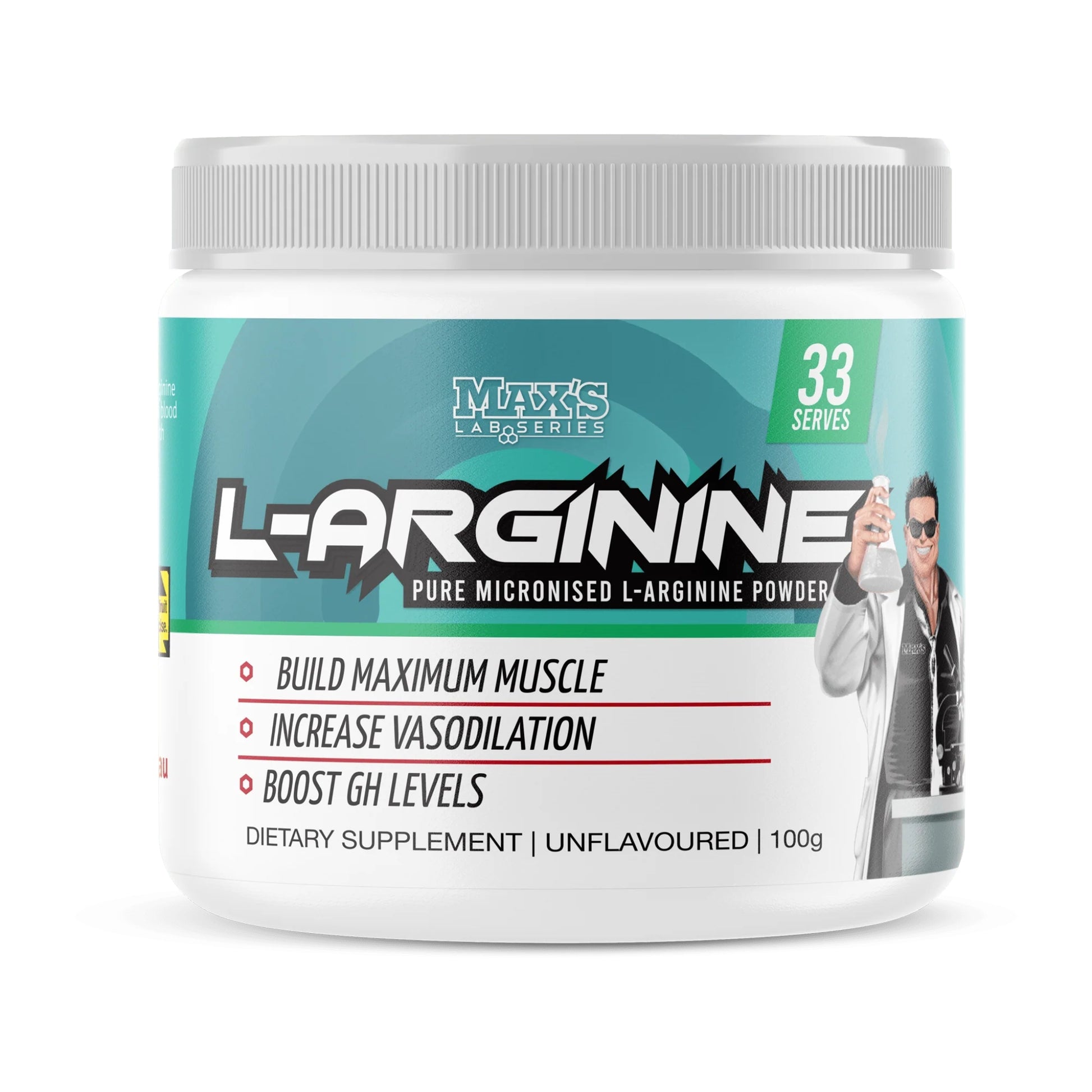 Supplement container labeled 'L-Arginine' with branding and product details on a white background