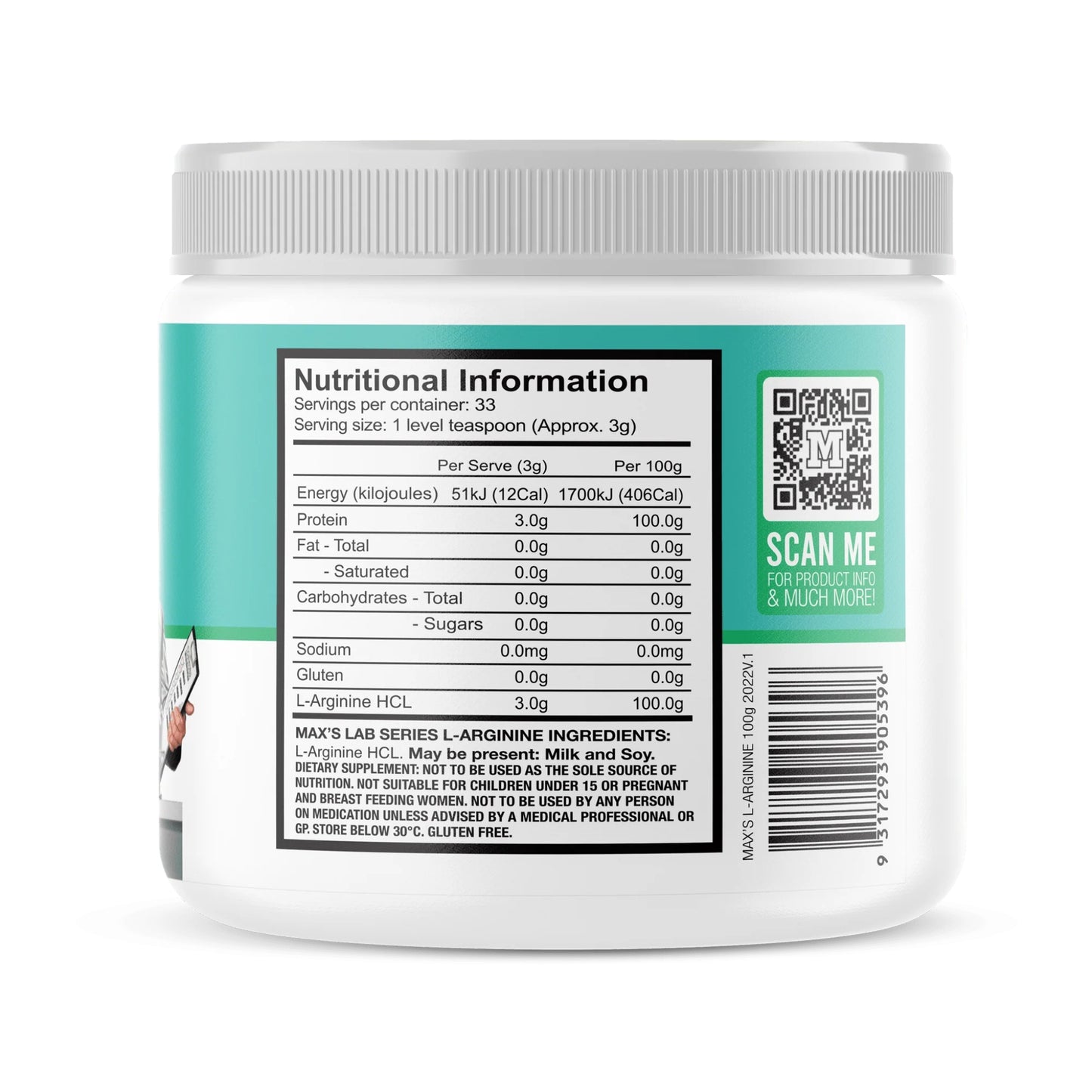 Nutritional information label on a Max's l-arginine container with a QR code and text.